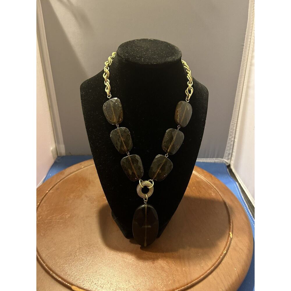 Chunky Gemstone Pendant Necklace Gold Tone Chain Smoky Quartz Look Statement